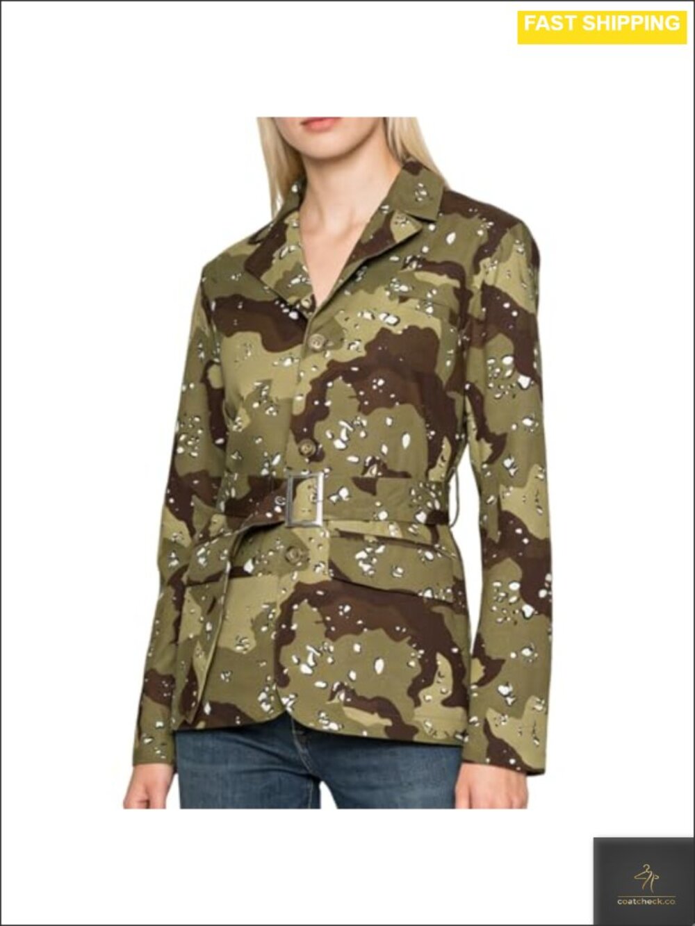 Oversized Camo Denim Blazer Jean Jacket Button Down Belted